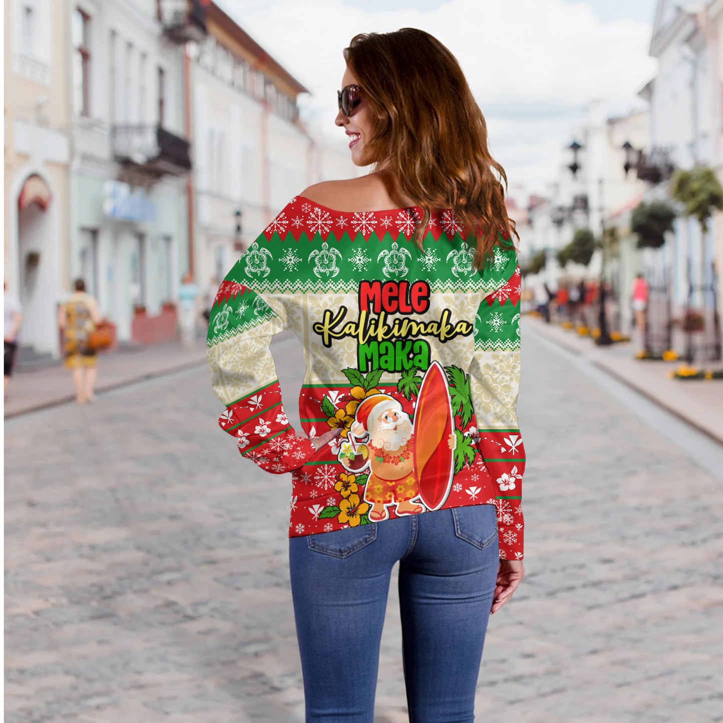 Hawaii Off Shoulder Sweatshirt Christmas Santa Claus Surfing Kanaka Maoli Pattern