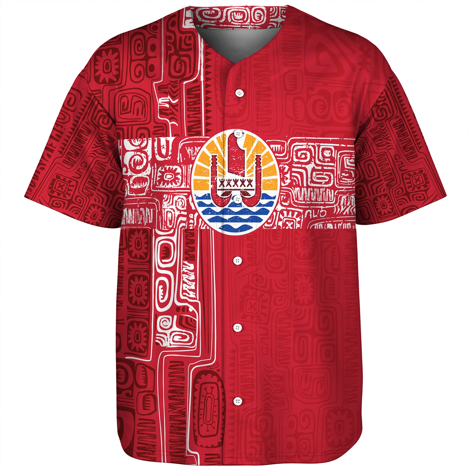 French Polynesia Baseball Shirt Tribal Pattern Tahiti Vintage Style
