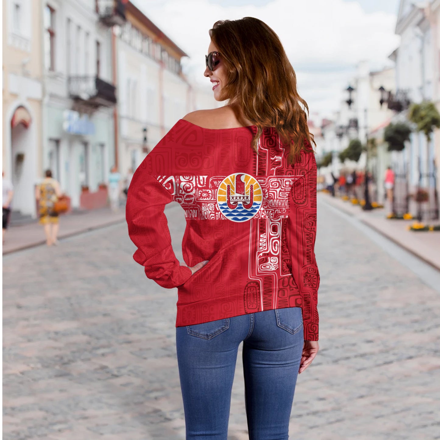 French Polynesia Off Shoulder Sweatshirt Tribal Pattern Tahiti Vintage Style