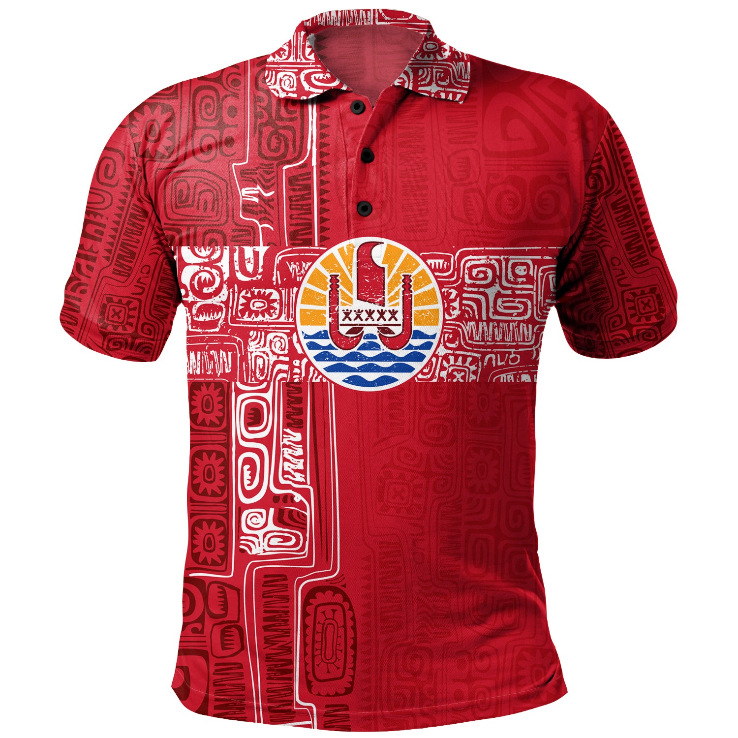French Polynesia Polo Shirt Tribal Pattern Tahiti Vintage Style