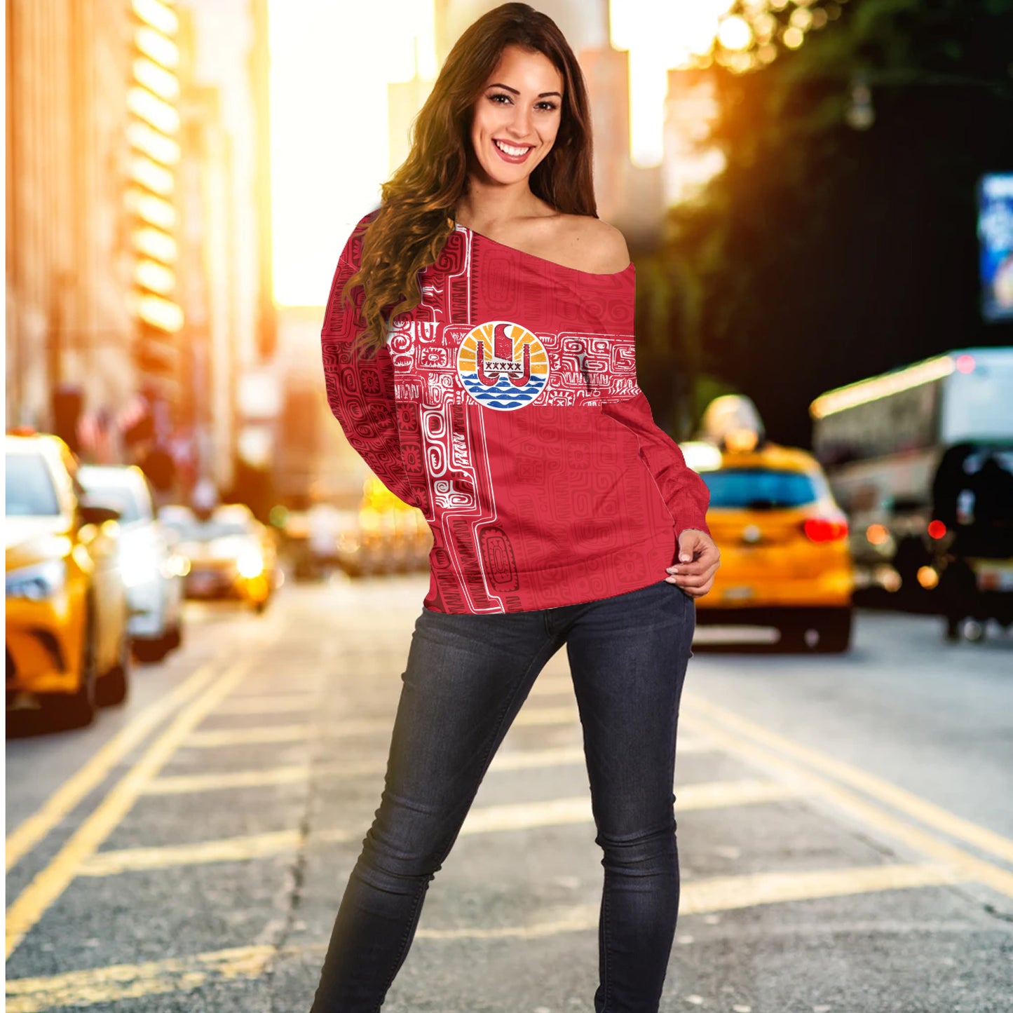 French Polynesia Off Shoulder Sweatshirt Tribal Pattern Tahiti Vintage Style