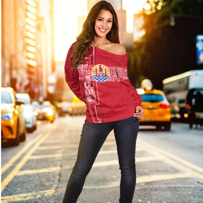 French Polynesia Off Shoulder Sweatshirt Tribal Pattern Tahiti Vintage Style