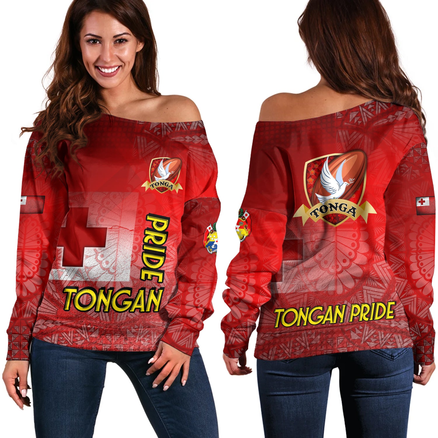 Tonga Custom Personalised Off Shoulder Sweatshirt Tongan Flag Rugby Pride Style