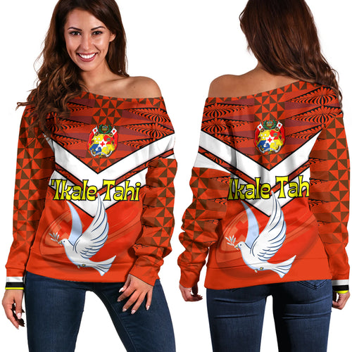 Tonga Off Shoulder Sweatshirt Tonga Tradition Patterns With Rugby Ball