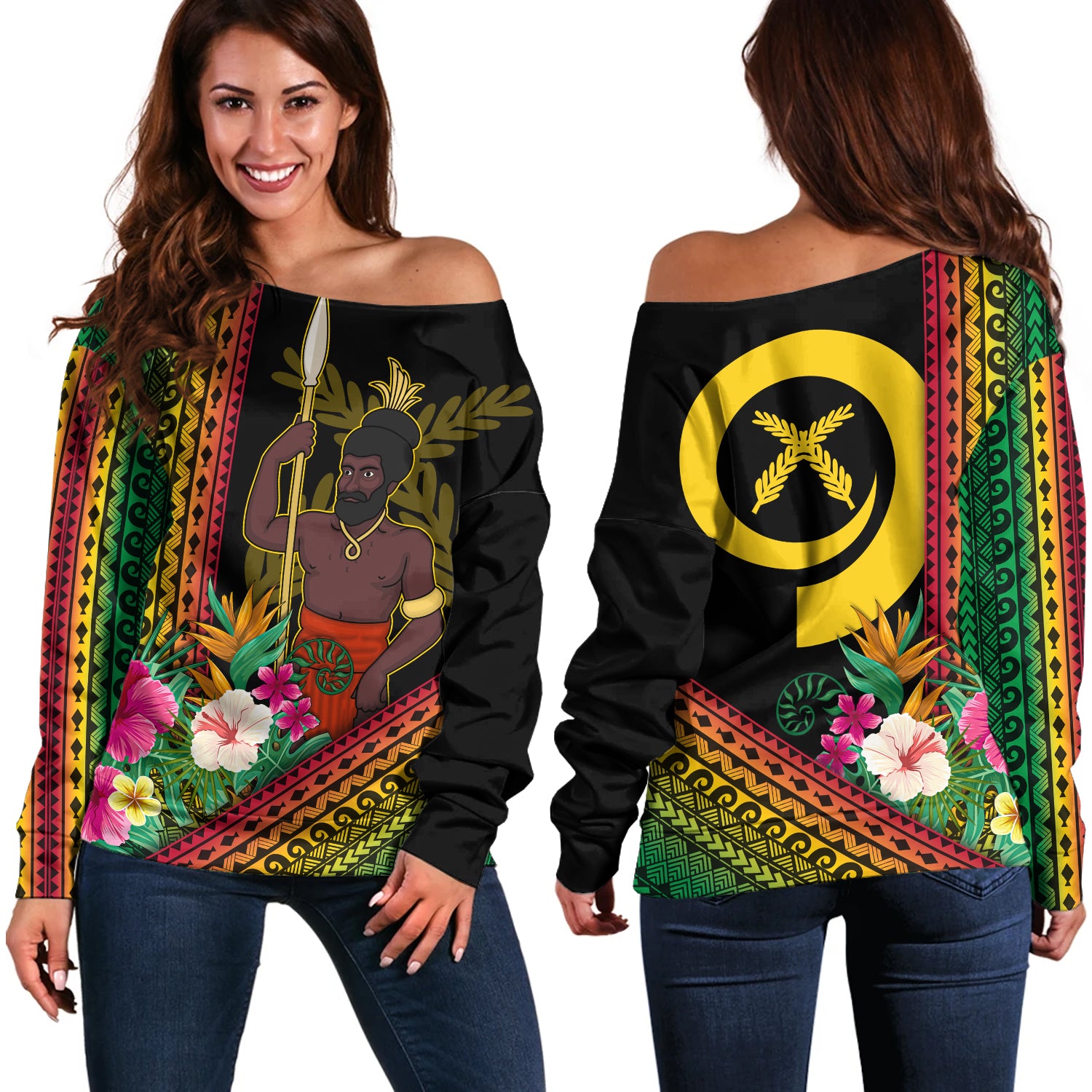 Vanuatu Off Shoulder Sweatshirt Polynesia Pattern With Tropical Flower