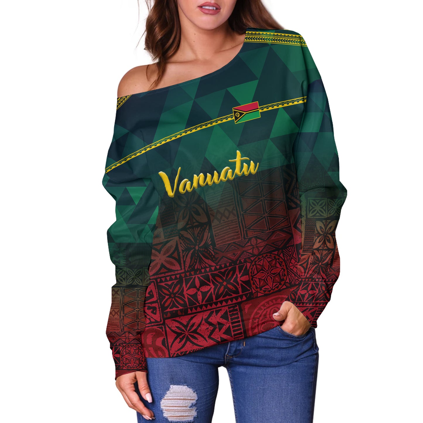 Vanuatu Off Shoulder Sweatshirt Lowpolly Pattern with Polynesian Motif
