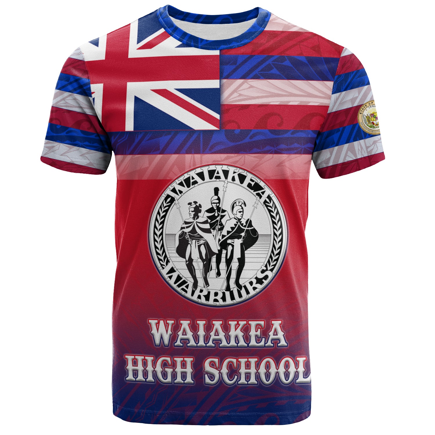 Hawaii Waiakea High School T-Shirt Flag Color With Traditional Patterns