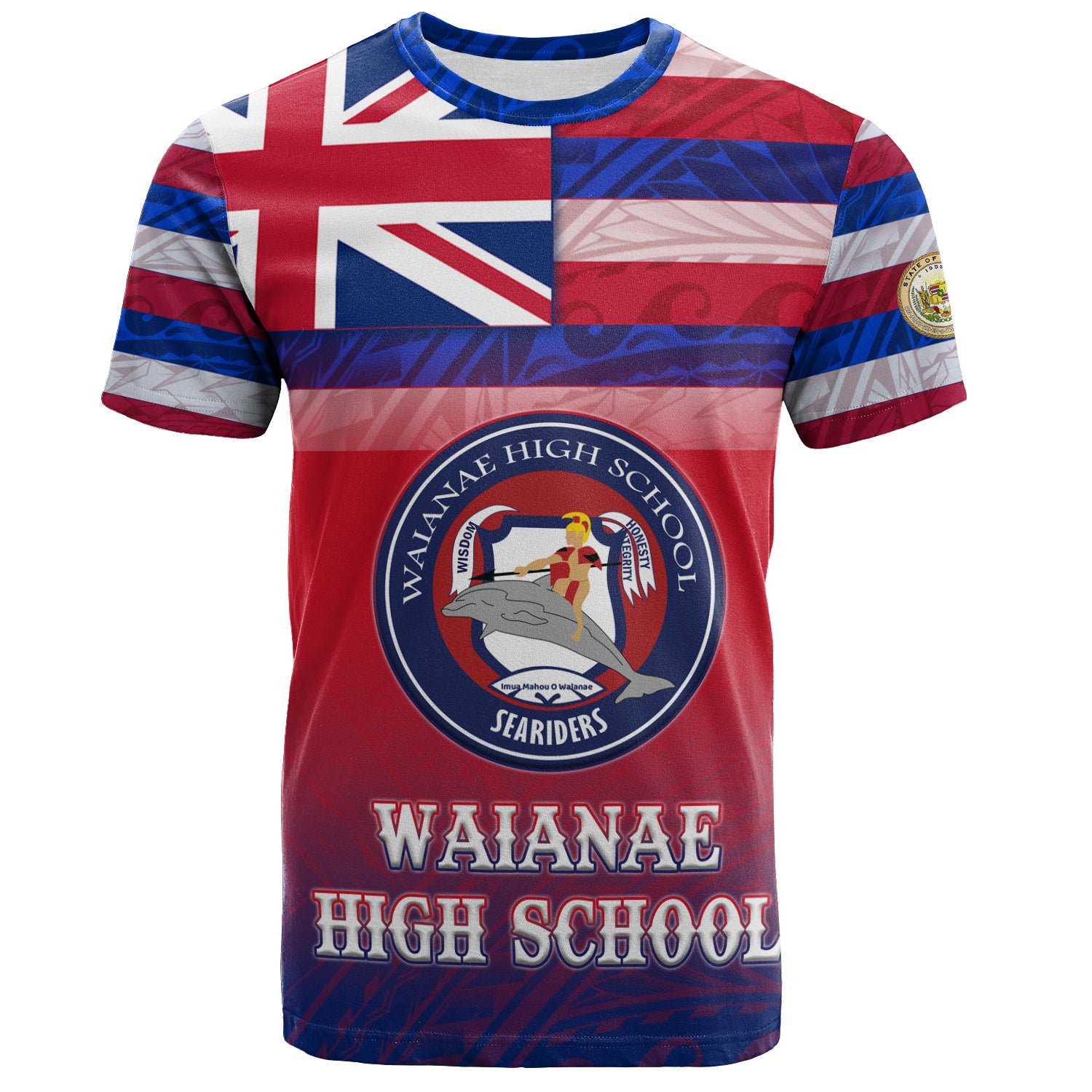 Hawaii Waianae High School T-Shirt Flag Color With Traditional Patterns