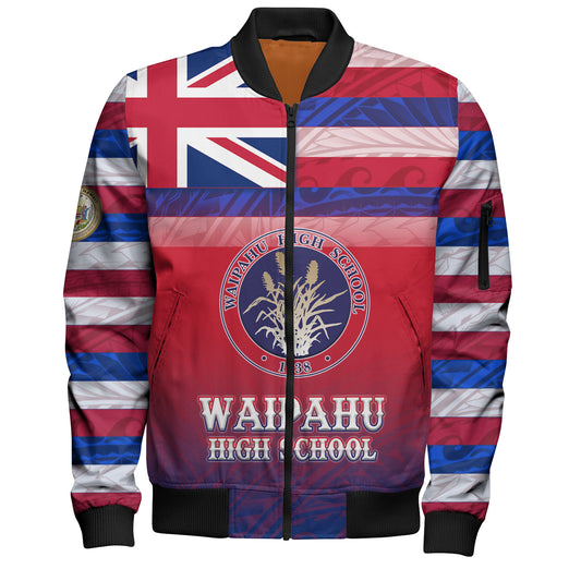 Hawaii Waipahu High School Bomber Jacket Flag Color With Traditional Patterns