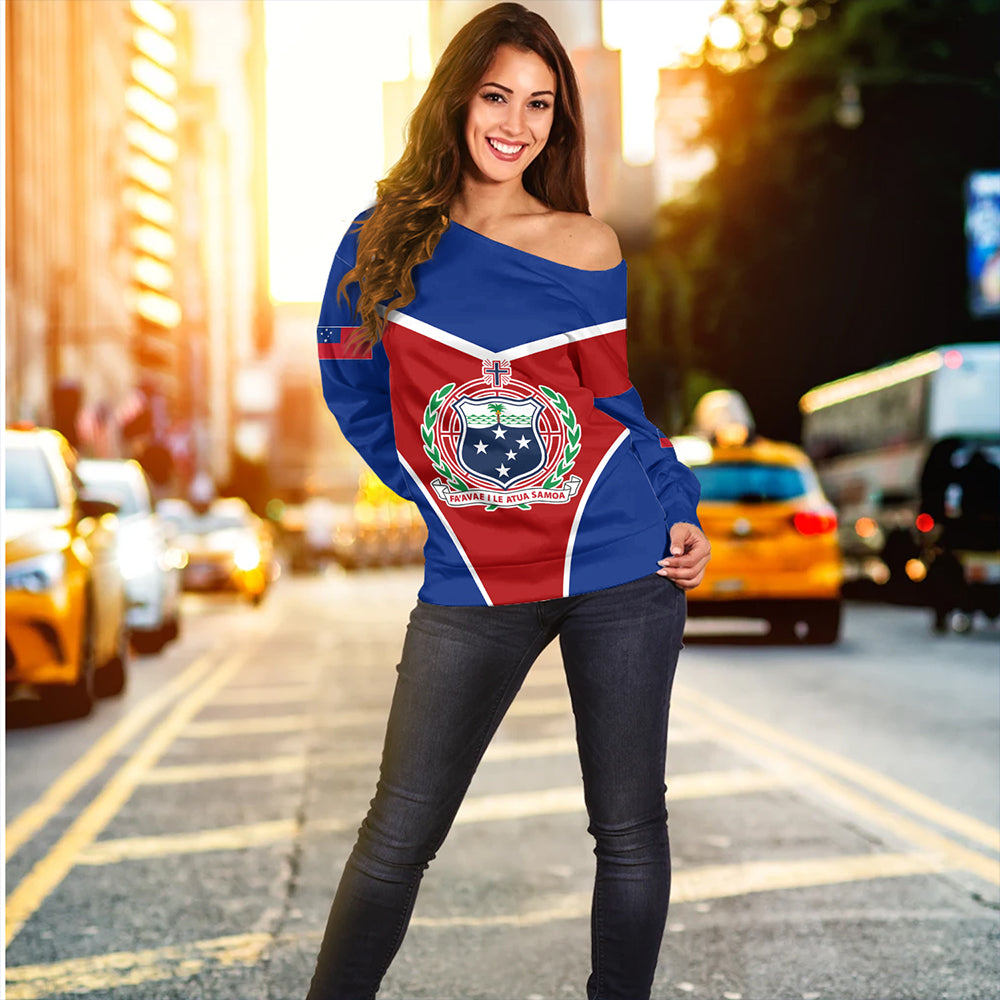 Samoa Off Shoulder Sweatshirt Samoa Flag And Coat Of Arms Style