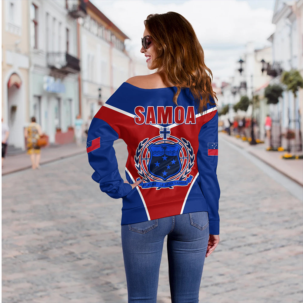 Samoa Off Shoulder Sweatshirt Samoa Flag And Coat Of Arms Style
