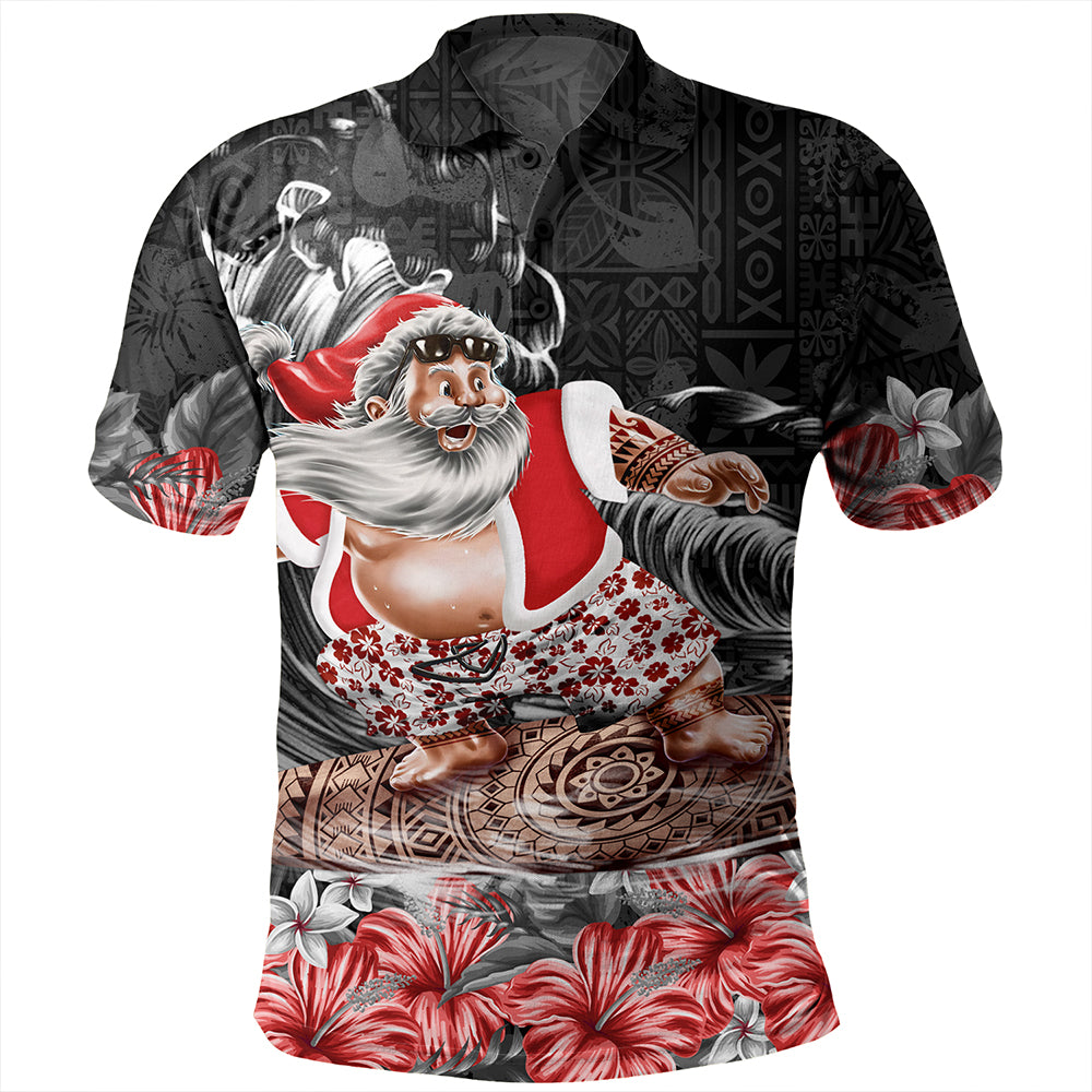Santa Claus Surf Polo Shirt Hibicus Polynesian Pattern Black