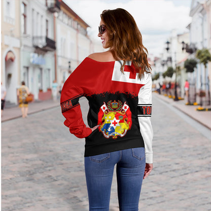 Tonga Off Shoulder Sweatshirt Tonga Flag Grunge