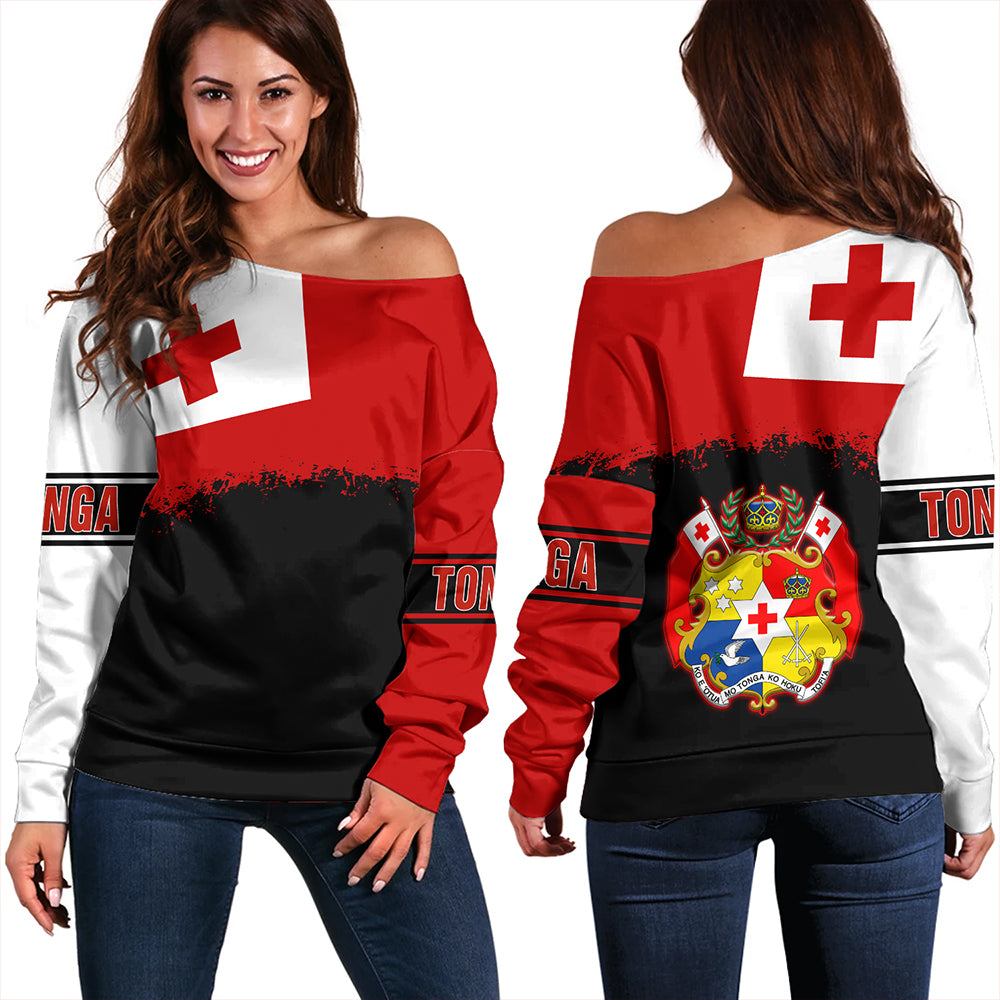 Tonga Off Shoulder Sweatshirt Tonga Flag Grunge