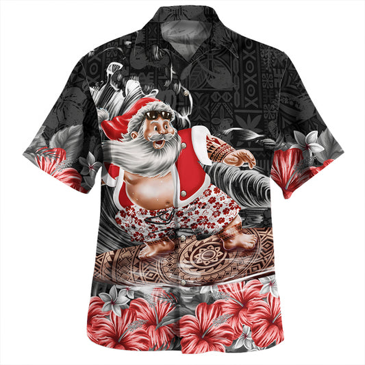 Santa Claus Surf Aloha Short Sleeve Shirt Hibicus Polynesian Pattern Black