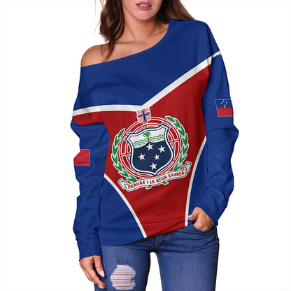 Samoa Off Shoulder Sweatshirt Samoa Flag And Coat Of Arms Style