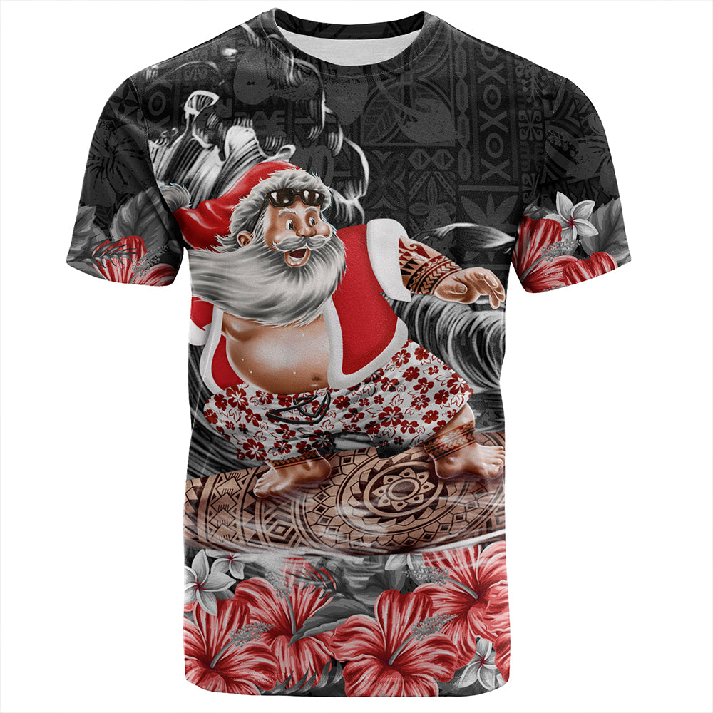 Santa Claus Surf T-Shirt Hibicus Polynesian Pattern Black
