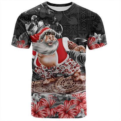 Santa Claus Surf T-Shirt Hibicus Polynesian Pattern Black