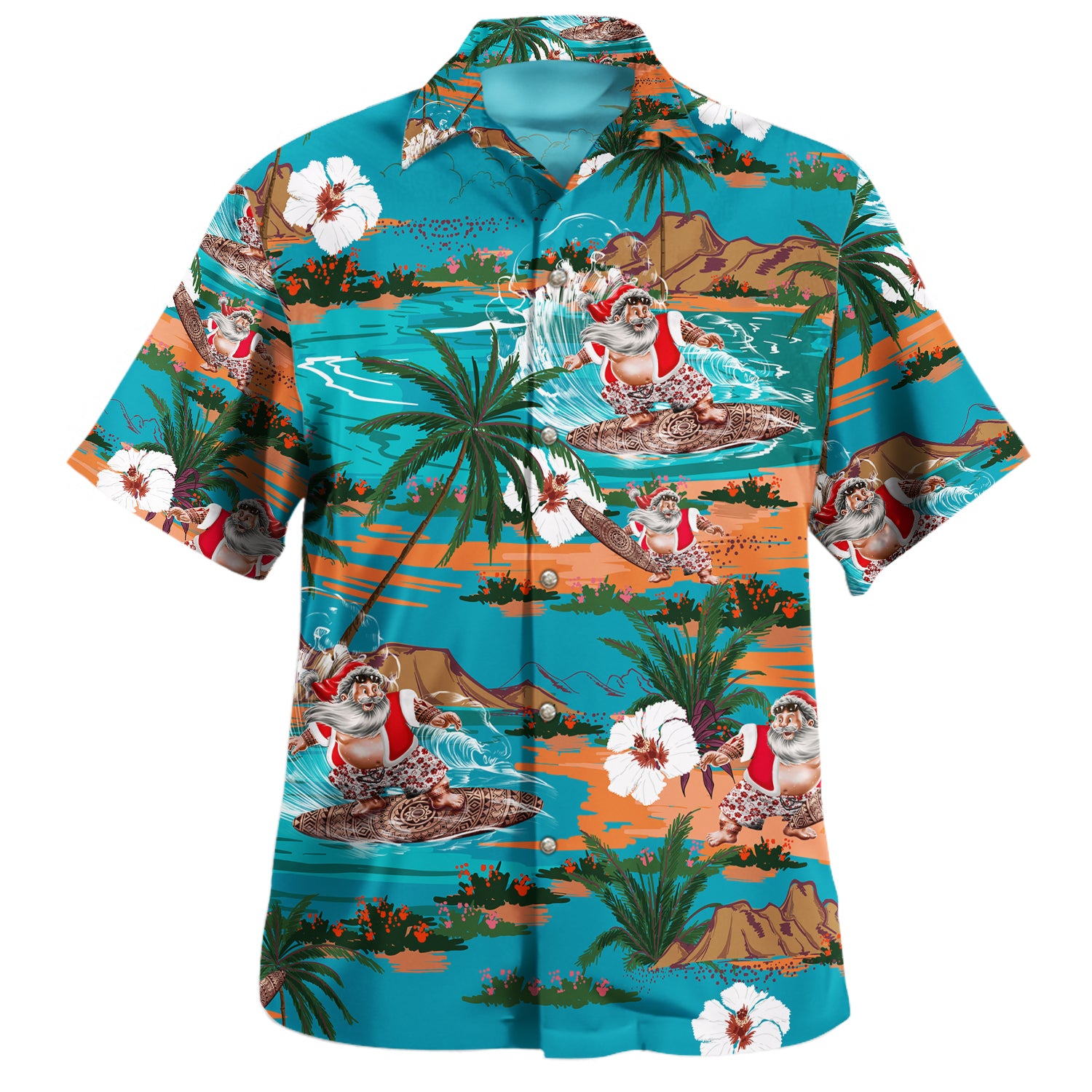 Santa Claus Surf Aloha Short Sleeve Shirt Retro Blue