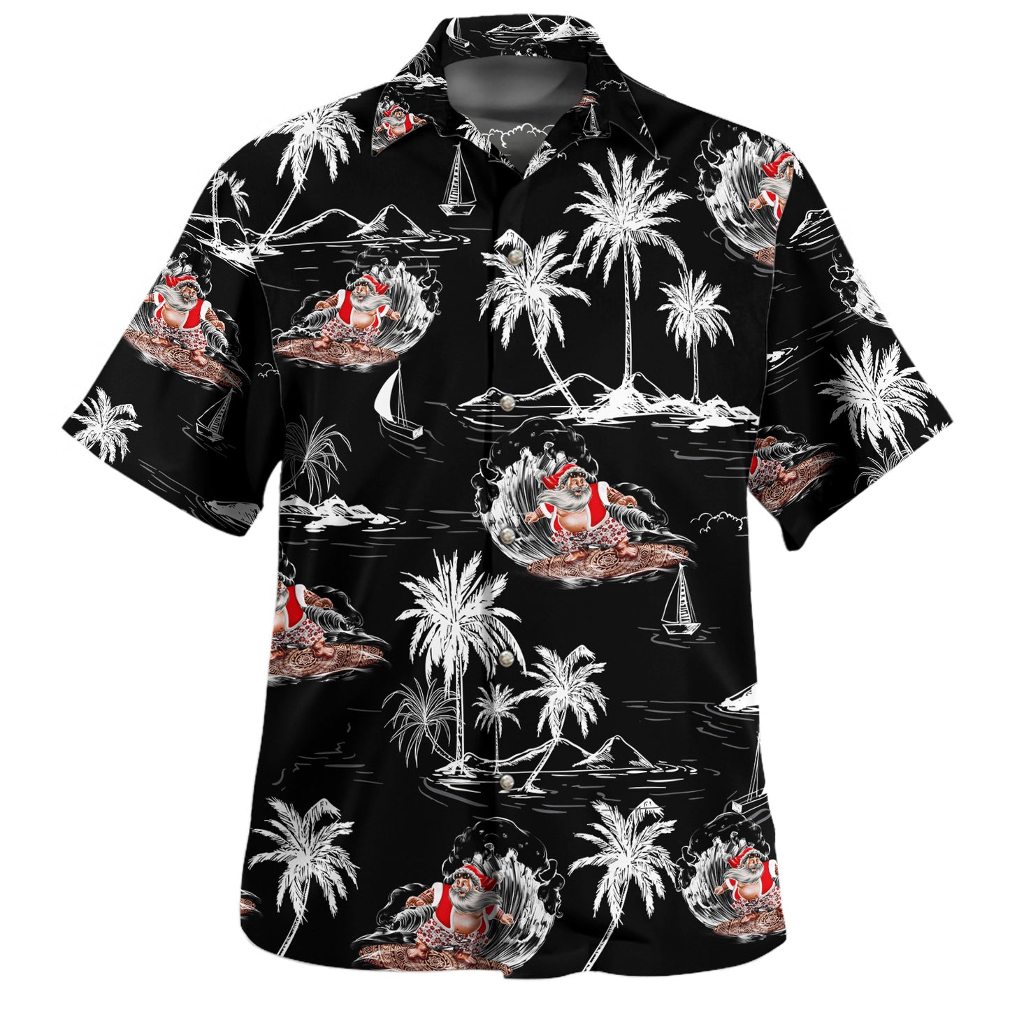 Santa Claus Surf Aloha Short Sleeve Shirt Retro Black