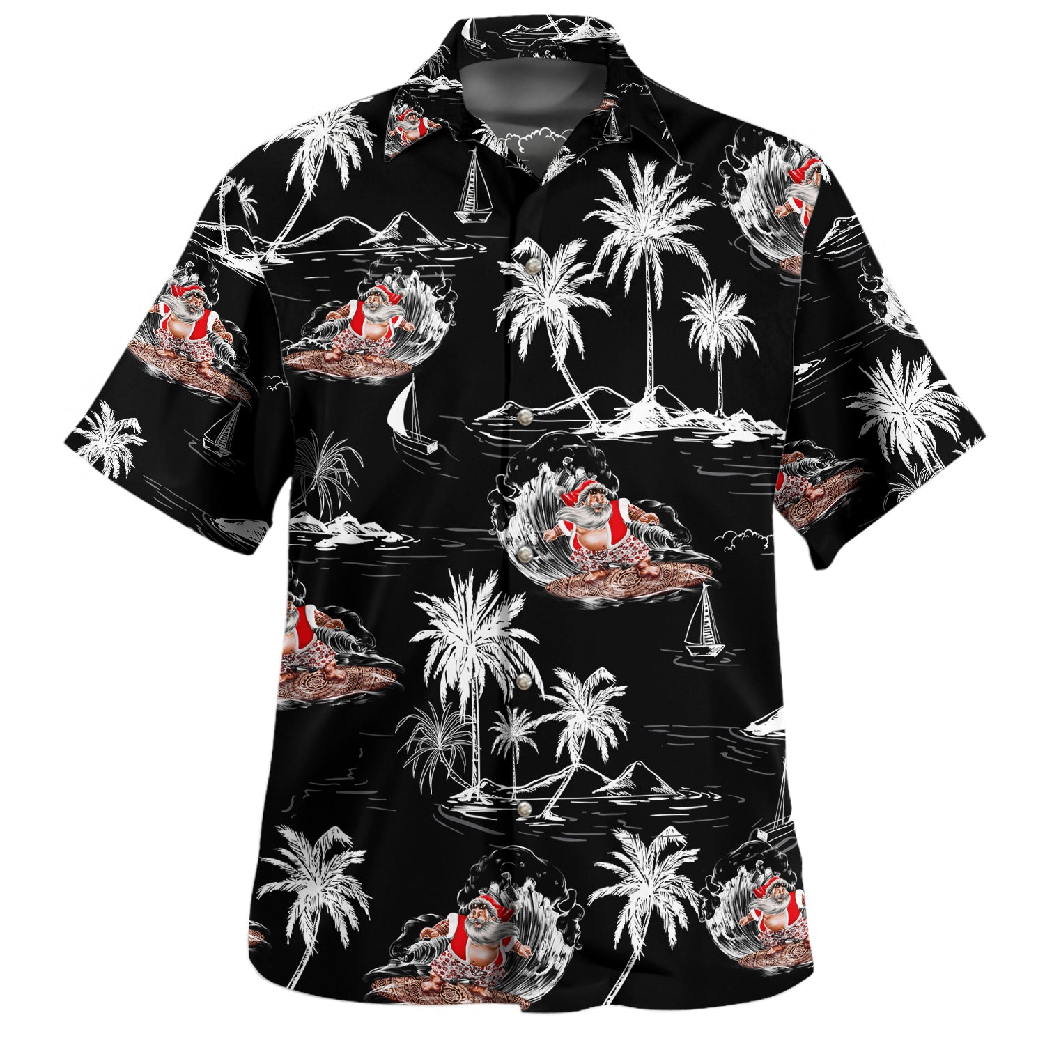 Santa Claus Surf Aloha Short Sleeve Shirt Retro Black