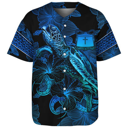 Tokelau Baseball Shirt Sea Turtle With Blooming Hibiscus Flowers Tribal Blue