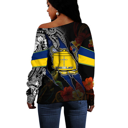 Tokelau Off Shoulder Sweatshirt Custom Tokelauan Blood Inside Me Polynesian Sleeve Tattoo Tropical Black