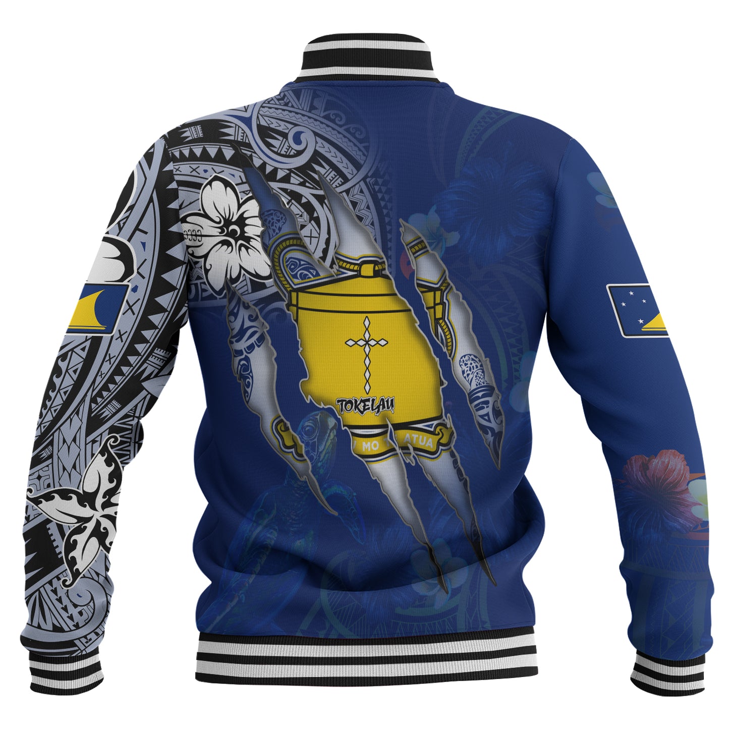 Tokelau Baseball Jacket Custom Tokelauan Blood Inside Me Polynesian Sleeve Tattoo Tropical Blue