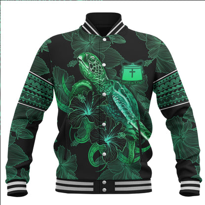 Tokelau Baseball Jacket  Sea Turtle With Blooming Hibiscus Flowers Tribal Green
