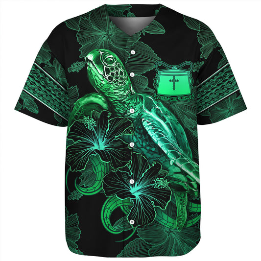 Tokelau Baseball Shirt  Sea Turtle With Blooming Hibiscus Flowers Tribal Green