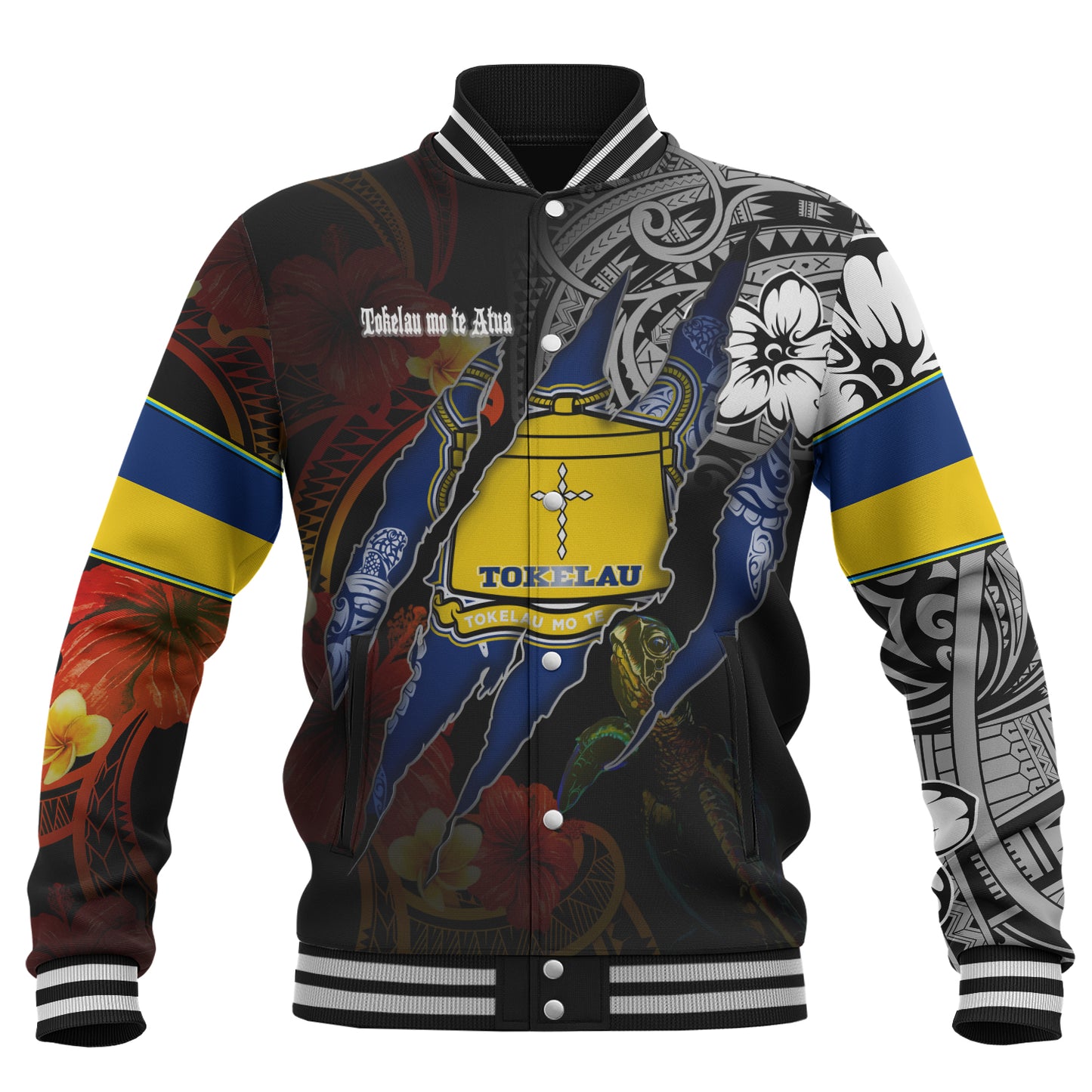 Tokelau Baseball Jacket Custom Tokelauan Blood Inside Me Polynesian Sleeve Tattoo Tropical Black