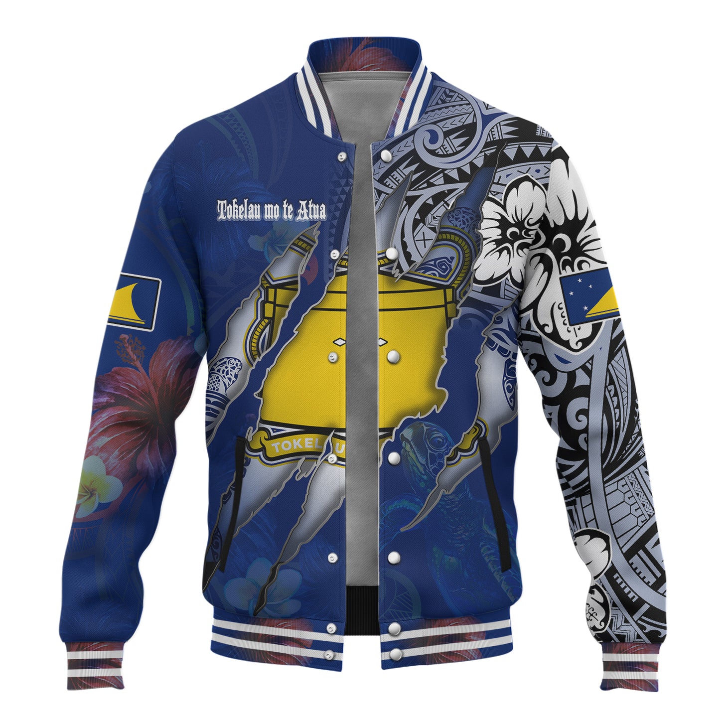 Tokelau Baseball Jacket Custom Tokelauan Blood Inside Me Polynesian Sleeve Tattoo Tropical Blue