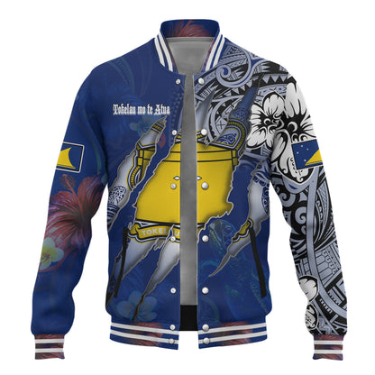 Tokelau Baseball Jacket Custom Tokelauan Blood Inside Me Polynesian Sleeve Tattoo Tropical Blue