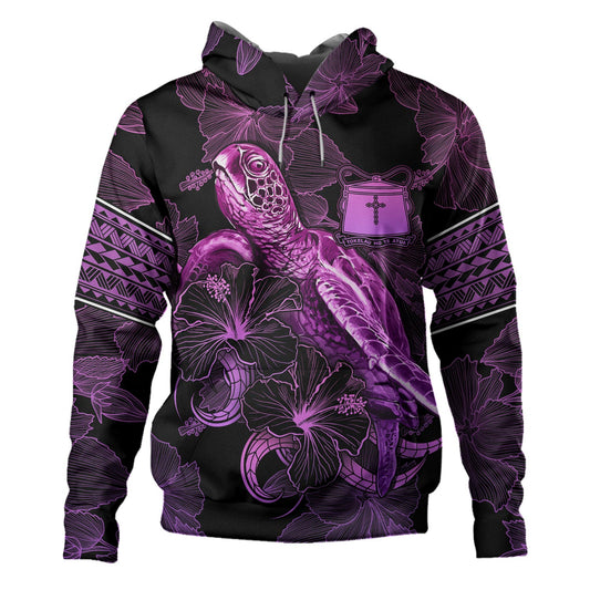 Tokelau Hoodie Sea Turtle With Blooming Hibiscus Flowers Tribal Purple
