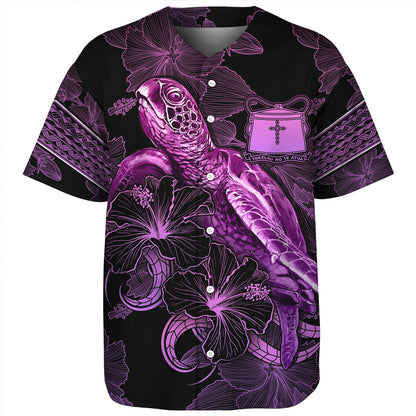 Tokelau Baseball Shirt Sea Turtle With Blooming Hibiscus Flowers Tribal Purple