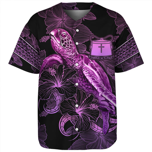 Tokelau Baseball Shirt Sea Turtle With Blooming Hibiscus Flowers Tribal Purple
