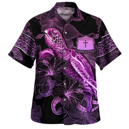 Tokelau Hawaiian Shirt Sea Turtle With Blooming Hibiscus Flowers Tribal Purple