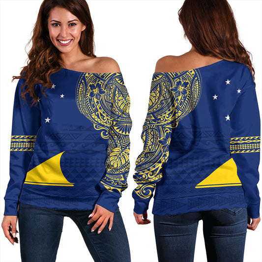 Tokelau Off Shoulder Sweatshirt Polynesian Flag With Coat Of Arms