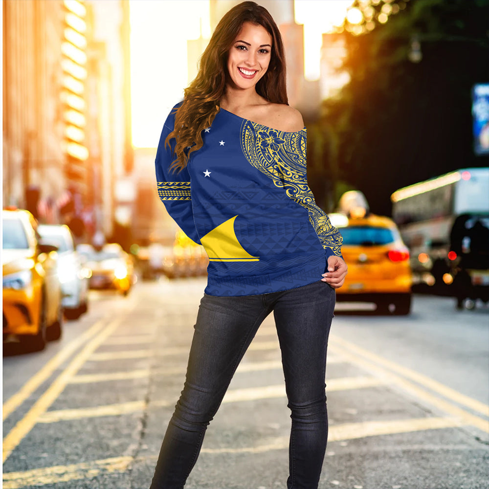 Tokelau Off Shoulder Sweatshirt Polynesian Flag With Coat Of Arms