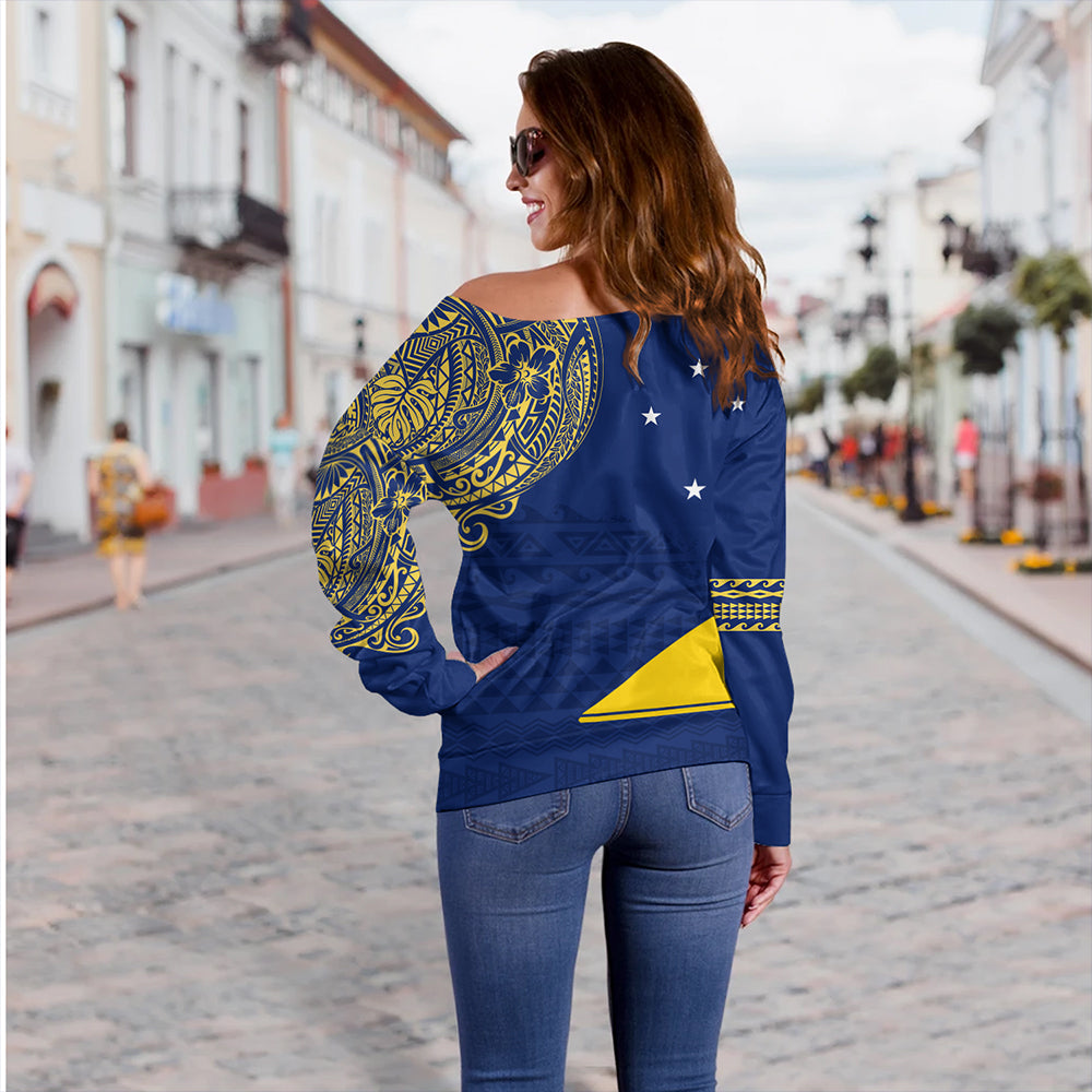 Tokelau Off Shoulder Sweatshirt Polynesian Flag With Coat Of Arms
