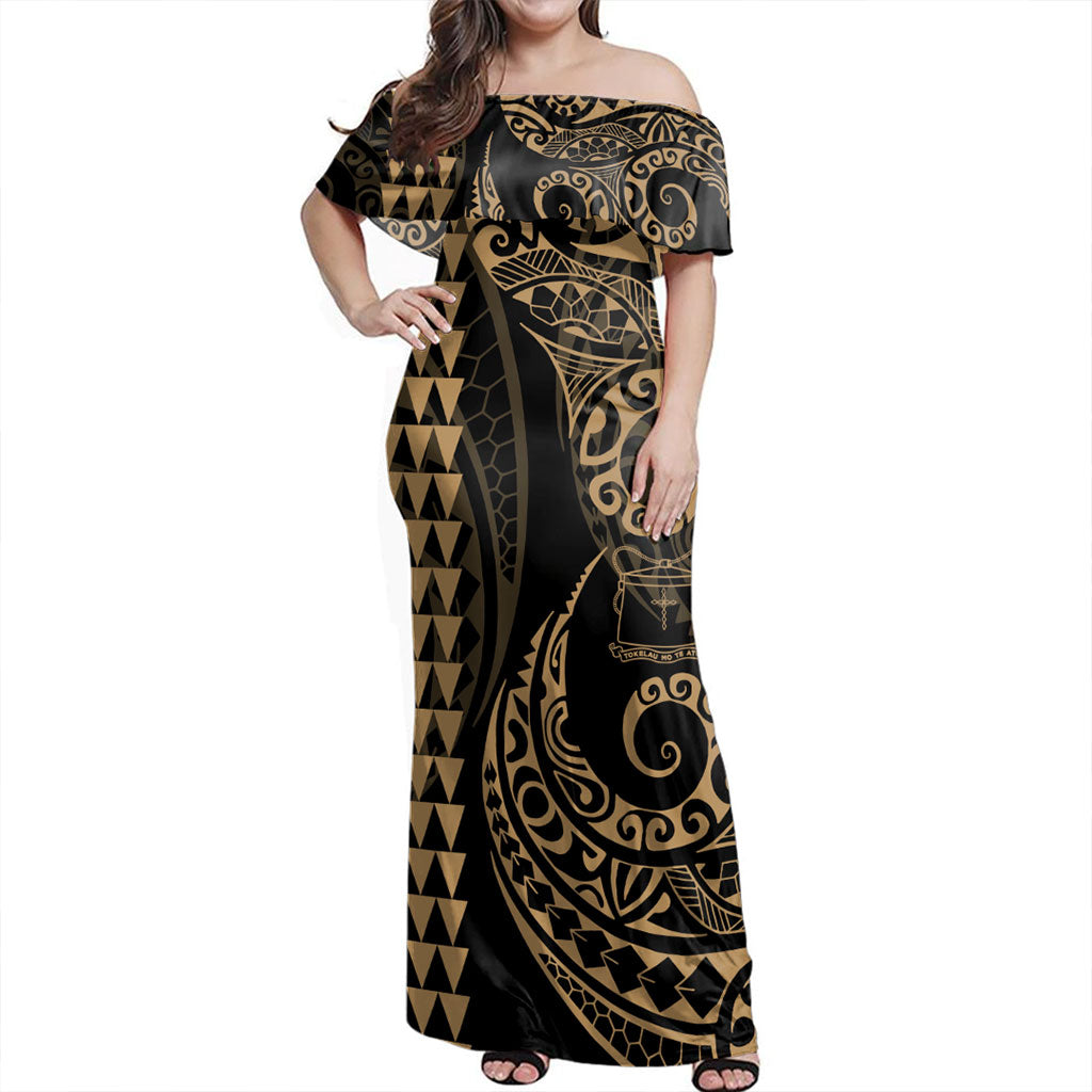 Tokelau Off Shoulder Long Dress Kakau Style Gold