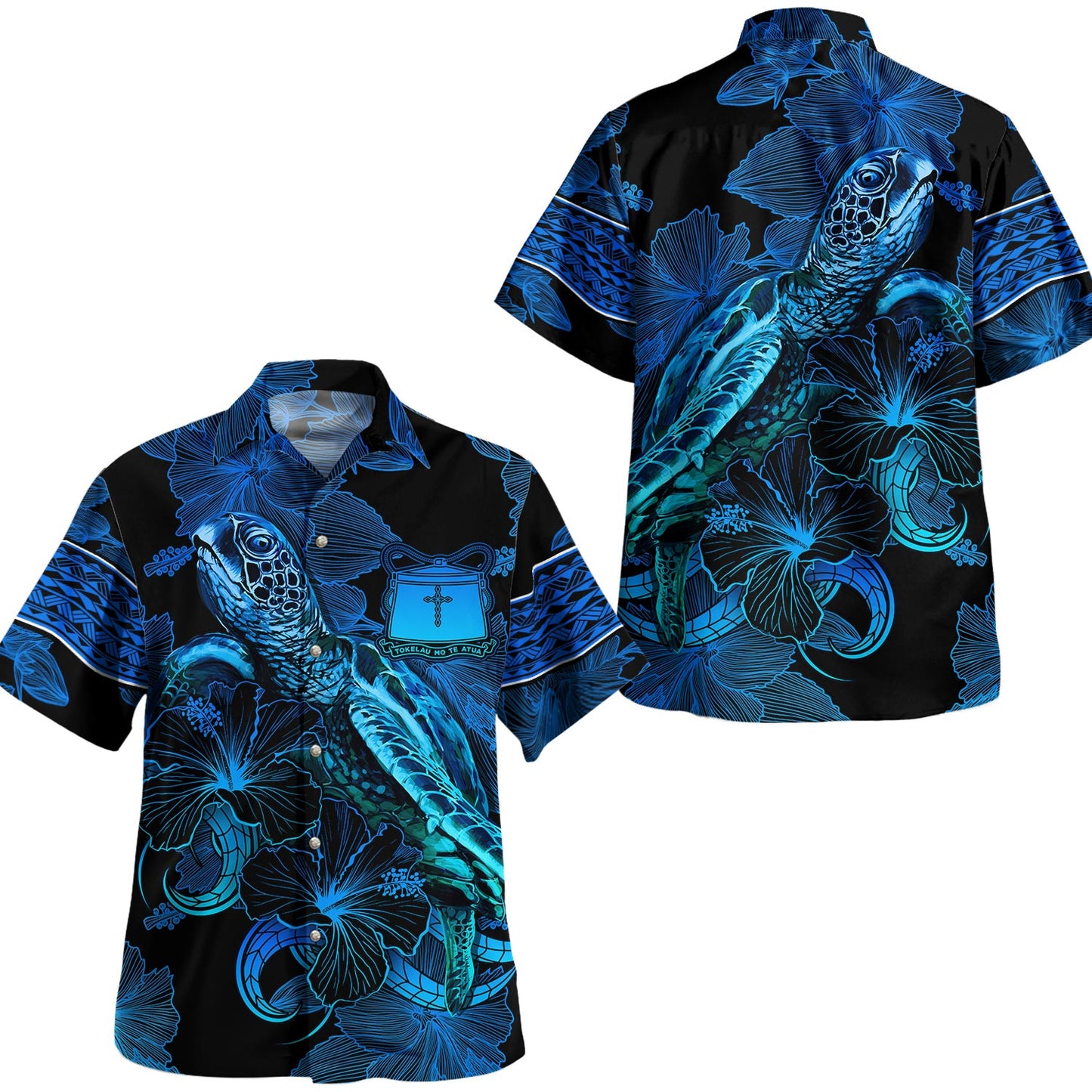 Tokelau Hawaiian Shirt Sea Turtle With Blooming Hibiscus Flowers Tribal Blue