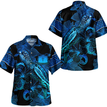 Tokelau Hawaiian Shirt Sea Turtle With Blooming Hibiscus Flowers Tribal Blue