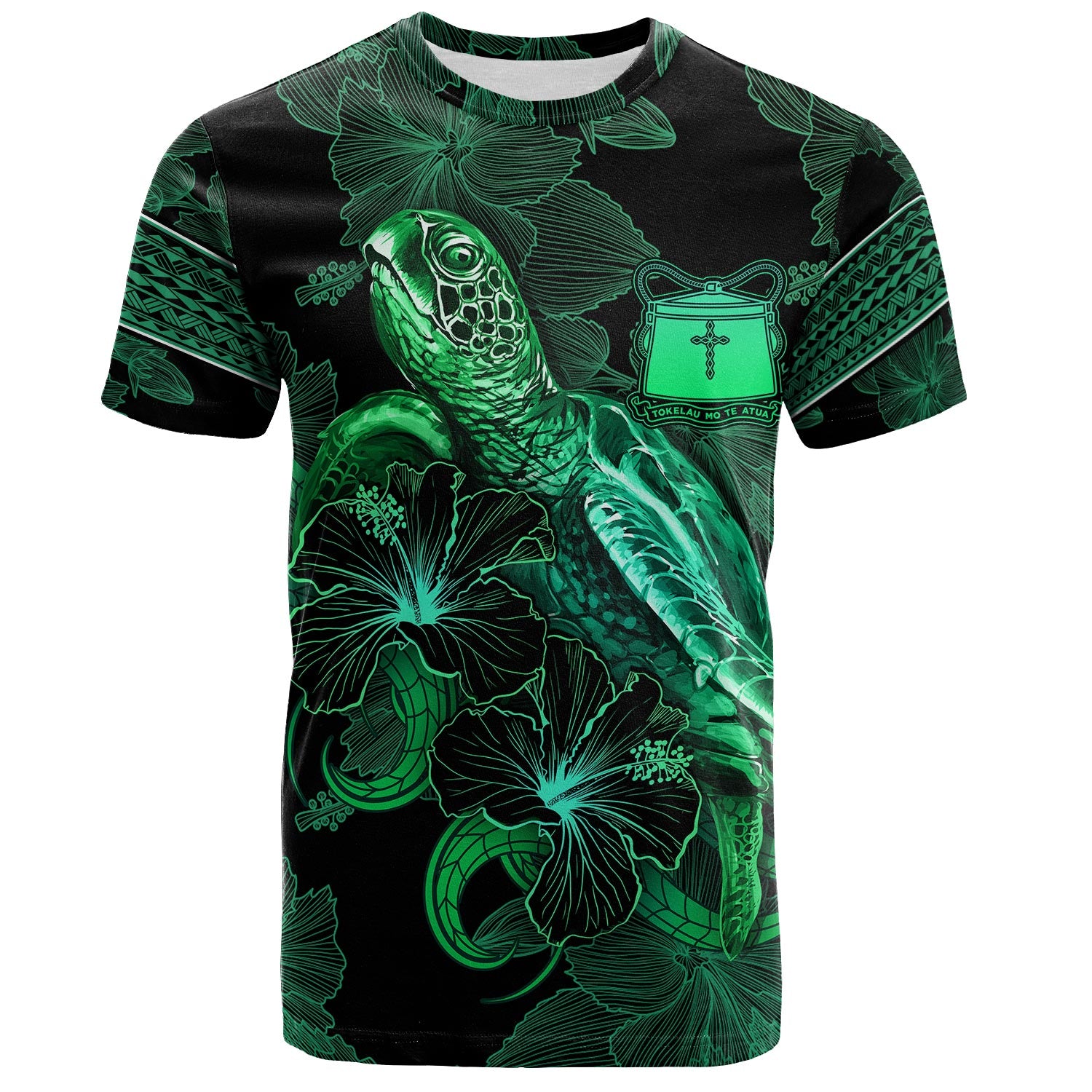 Tokelau T-Shirt  Sea Turtle With Blooming Hibiscus Flowers Tribal Green