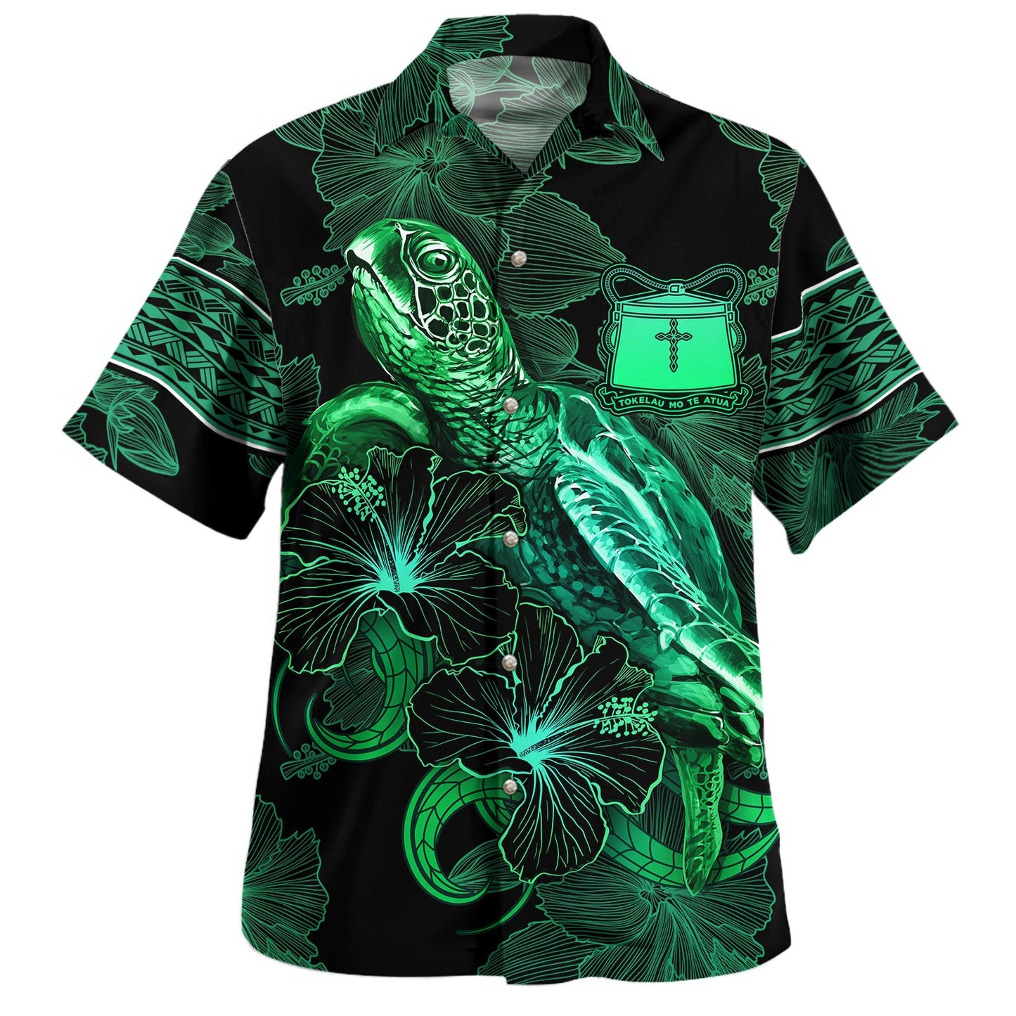 Tokelau Hawaiian Shirt  Sea Turtle With Blooming Hibiscus Flowers Tribal Green