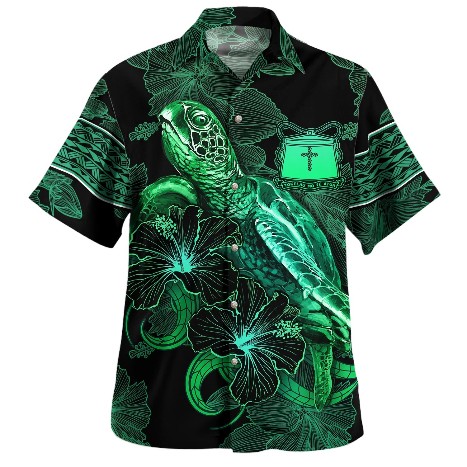 Tokelau Hawaiian Shirt  Sea Turtle With Blooming Hibiscus Flowers Tribal Green