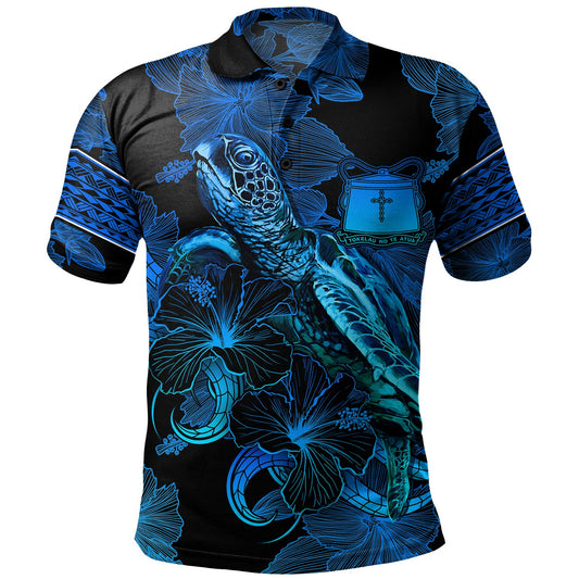 Tokelau Polo Shirt Sea Turtle With Blooming Hibiscus Flowers Tribal Blue