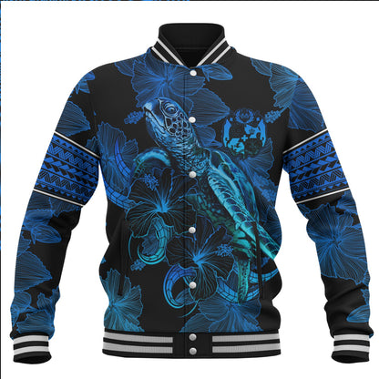 Tonga Baseball Jacket Sea Turtle With Blooming Hibiscus Flowers Tribal Blue