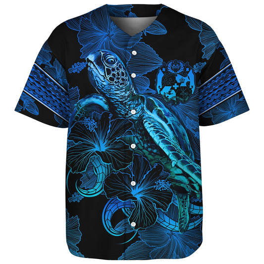 Tonga Baseball Shirt Sea Turtle With Blooming Hibiscus Flowers Tribal Blue