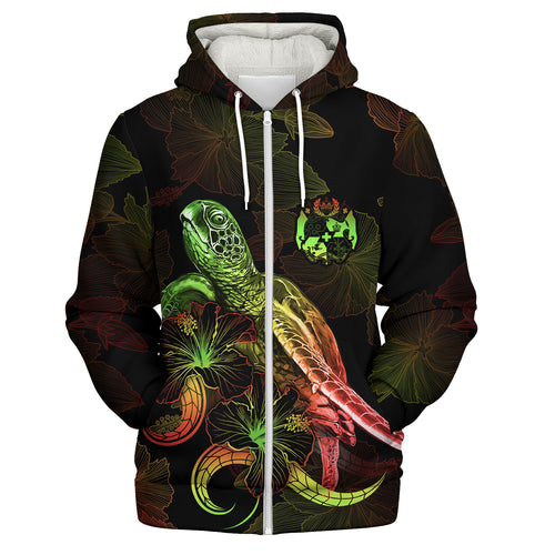 Tonga Sherpa Hoodie Sea Turtle With Blooming Hibiscus Flowers Reggae